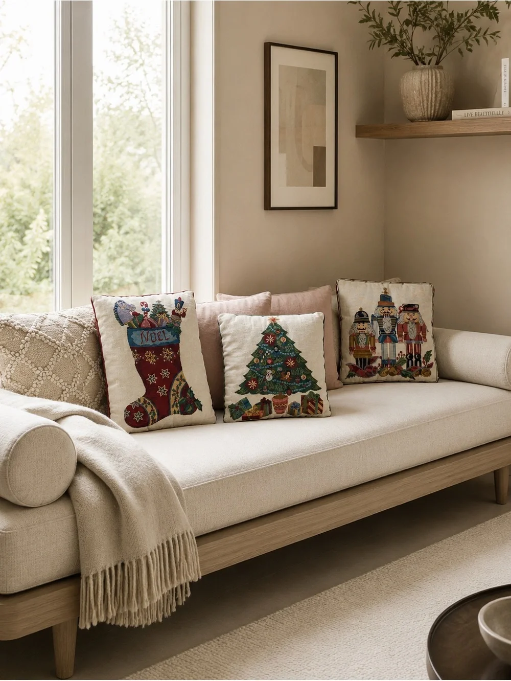 Tapestry Needle Point Throw Pillows x 3 Christmas Holidays Santa Tree